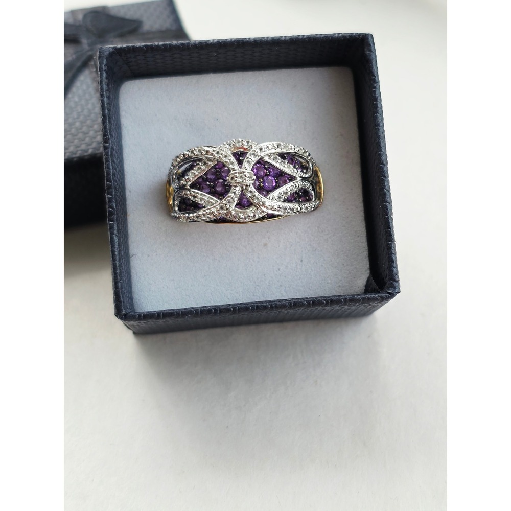 Amethyst and Diamond Two Tone Sterling Silver Lattice Ring Size 7